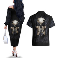 Skull Couples Matching Off The Shoulder Long Sleeve Dress and Hawaiian Shirt No See Evil Red Rose Jean - Wonder Print Shop