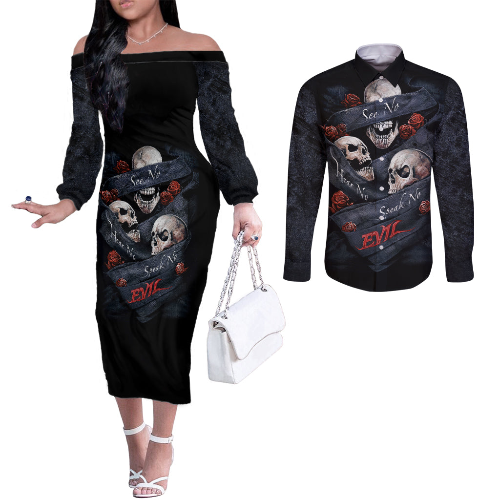 Skull Couples Matching Off The Shoulder Long Sleeve Dress and Long Sleeve Button Shirts No See Evil Red Rose Jean DT01