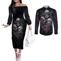 Skull Couples Matching Off The Shoulder Long Sleeve Dress and Long Sleeve Button Shirts No See Evil Red Rose Jean DT01
