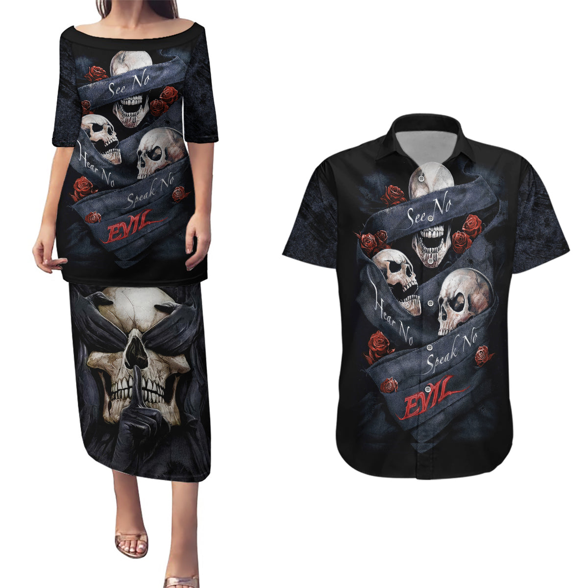 Skull Couples Matching Puletasi Dress and Hawaiian Shirt No See Evil Red Rose Jean - Wonder Print Shop
