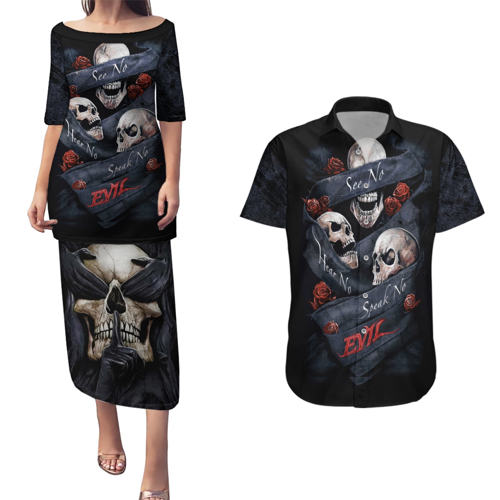 Skull Couples Matching Puletasi Dress and Hawaiian Shirt No See Evil Red Rose Jean - Wonder Print Shop