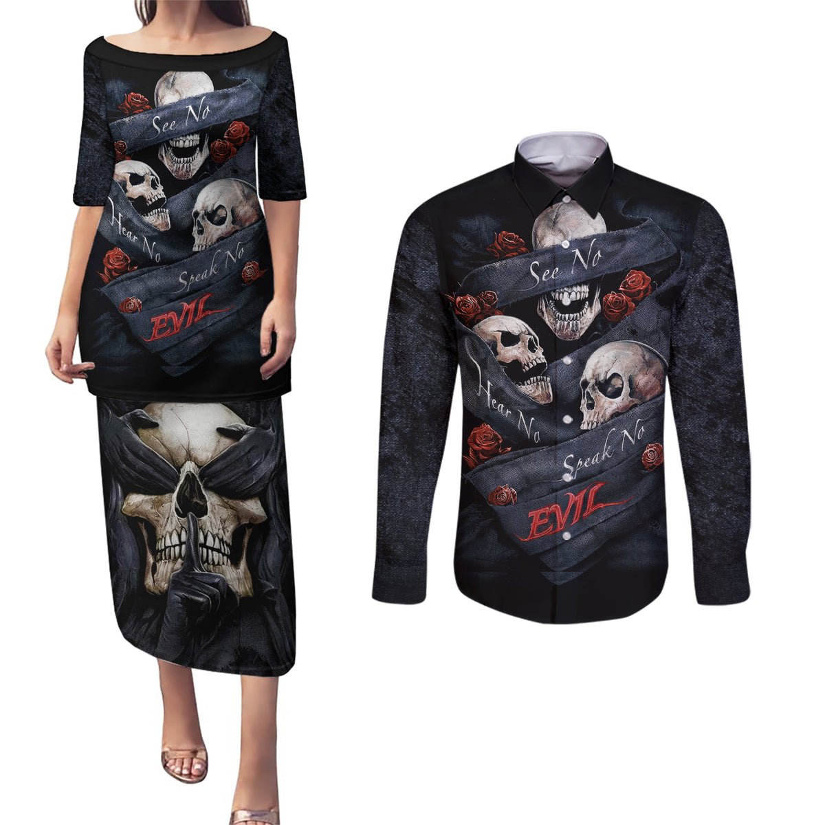 Skull Couples Matching Puletasi Dress and Long Sleeve Button Shirts No See Evil Red Rose Jean - Wonder Print Shop