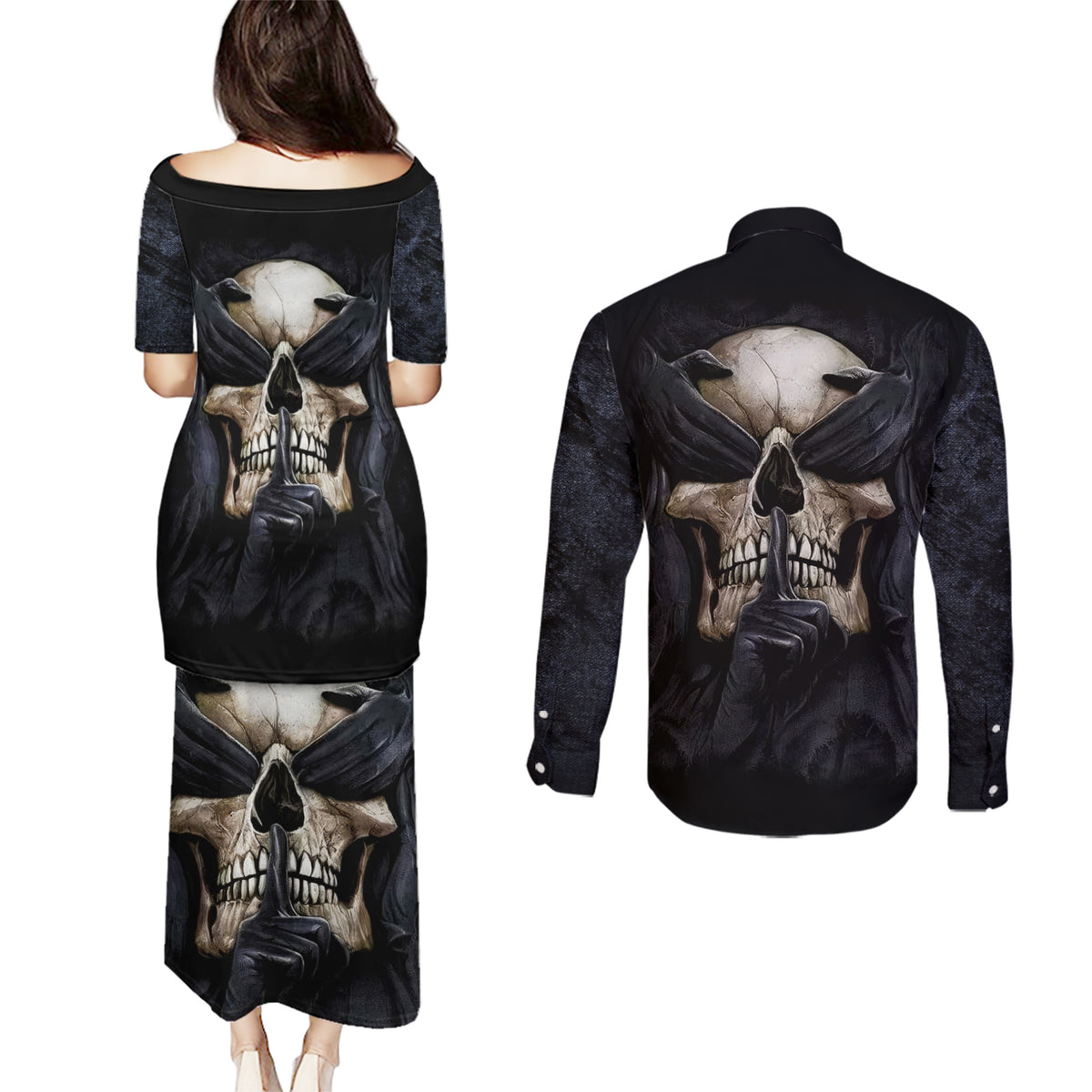 Skull Couples Matching Puletasi Dress and Long Sleeve Button Shirts No See Evil Red Rose Jean - Wonder Print Shop
