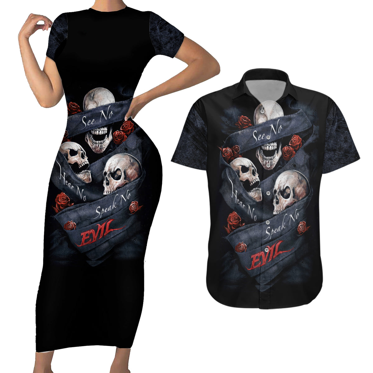 Skull Couples Matching Short Sleeve Bodycon Dress and Hawaiian Shirt No See Evil Red Rose Jean - Wonder Print Shop