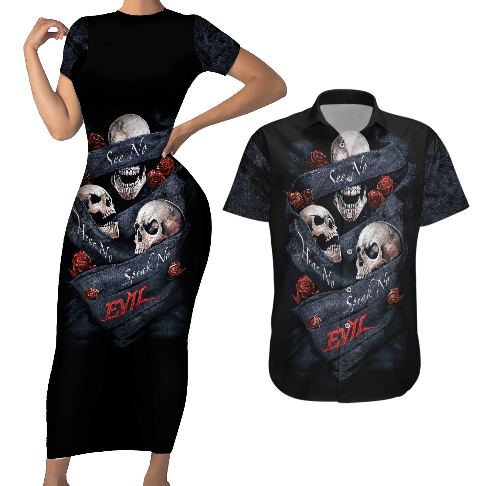 Skull Couples Matching Short Sleeve Bodycon Dress and Hawaiian Shirt No See Evil Red Rose Jean - Wonder Print Shop