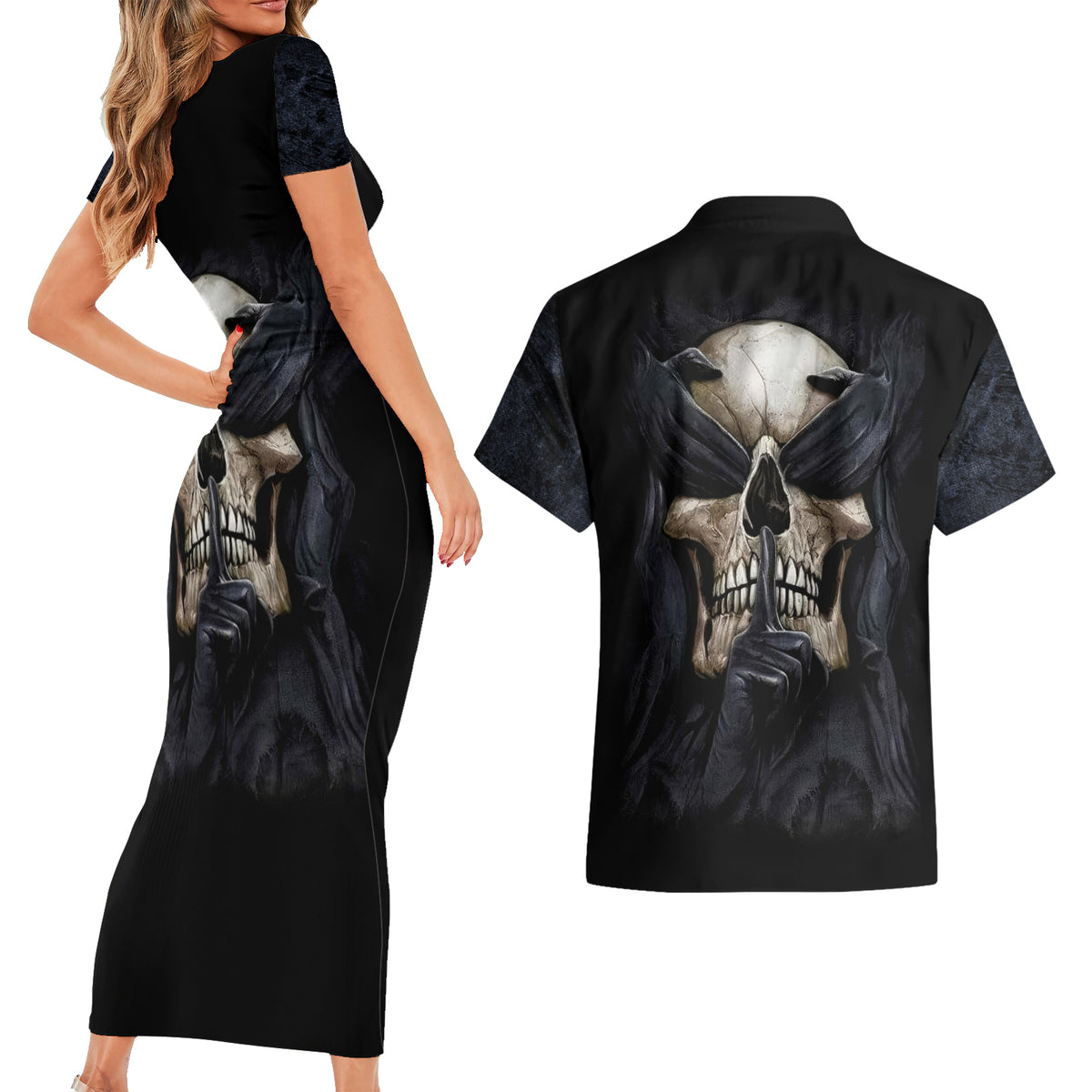 Skull Couples Matching Short Sleeve Bodycon Dress and Hawaiian Shirt No See Evil Red Rose Jean - Wonder Print Shop