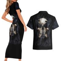 Skull Couples Matching Short Sleeve Bodycon Dress and Hawaiian Shirt No See Evil Red Rose Jean - Wonder Print Shop