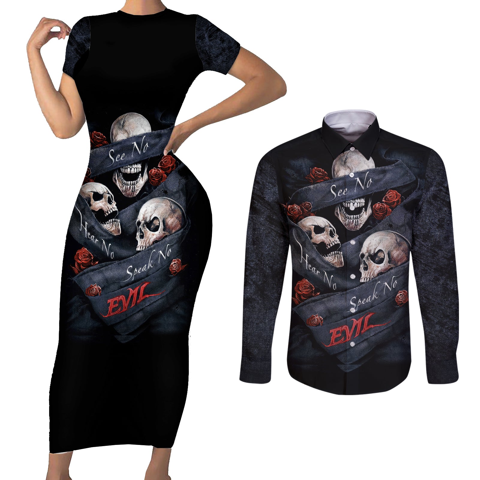 Skull Couples Matching Short Sleeve Bodycon Dress and Long Sleeve Button Shirts No See Evil Red Rose Jean - Wonder Print Shop