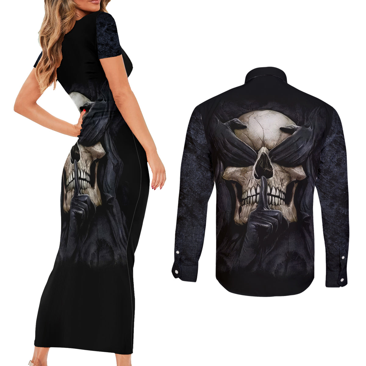 Skull Couples Matching Short Sleeve Bodycon Dress and Long Sleeve Button Shirts No See Evil Red Rose Jean - Wonder Print Shop