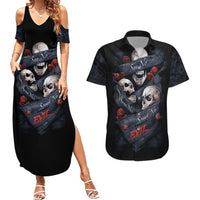 Skull Couples Matching Summer Maxi Dress and Hawaiian Shirt No See Evil Red Rose Jean - Wonder Print Shop