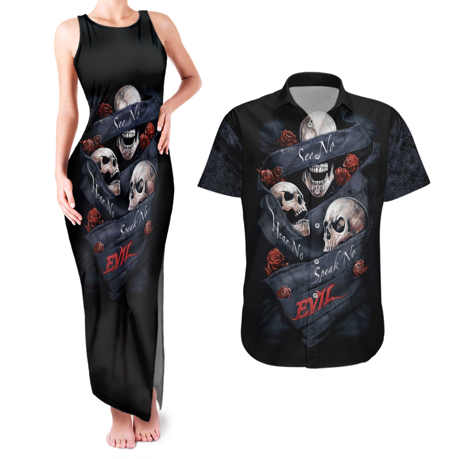 Skull Couples Matching Tank Maxi Dress And Hawaiian Shirt No See Evil Red Rose Jean - Wonder Print Shop
