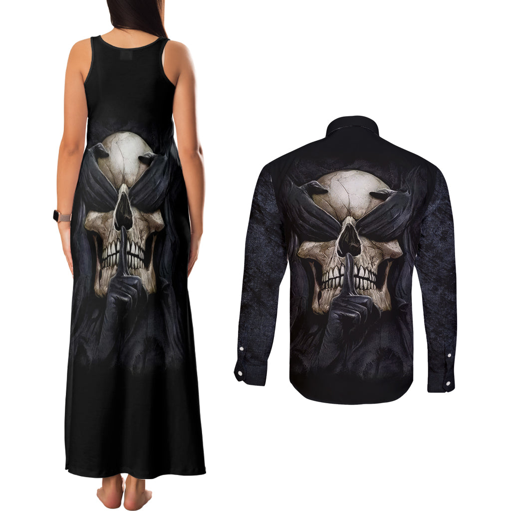 Skull Couples Matching Tank Maxi Dress and Long Sleeve Button Shirts No See Evil Red Rose Jean - Wonder Print Shop