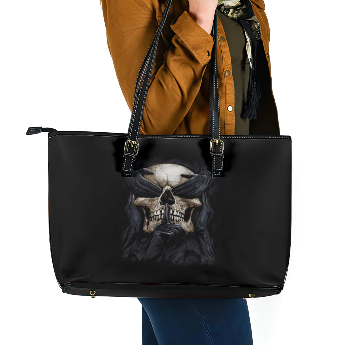 Skull Leather Tote Bag No See Evil Red Rose Jean - Wonder Print Shop