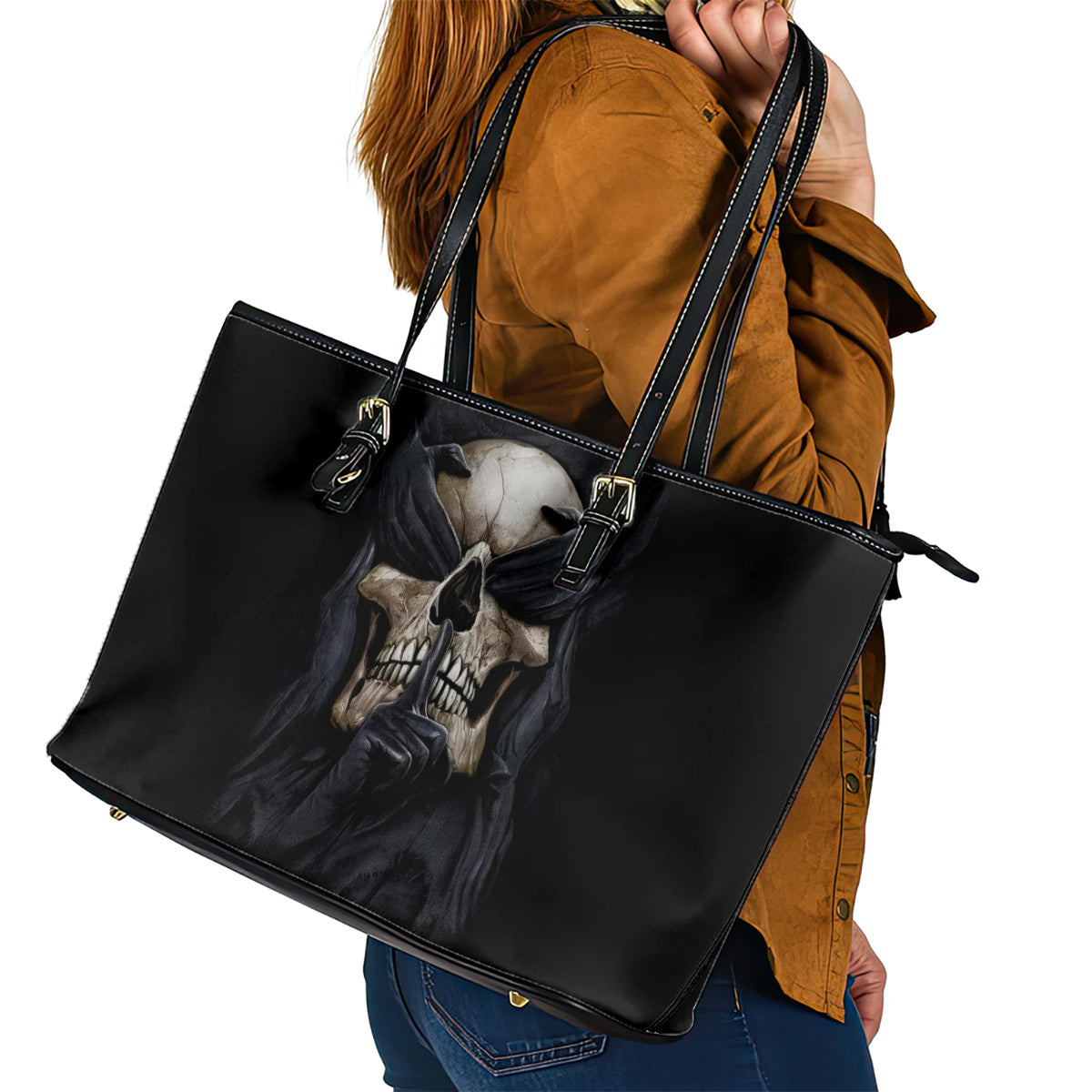 Skull Leather Tote Bag No See Evil Red Rose Jean - Wonder Print Shop