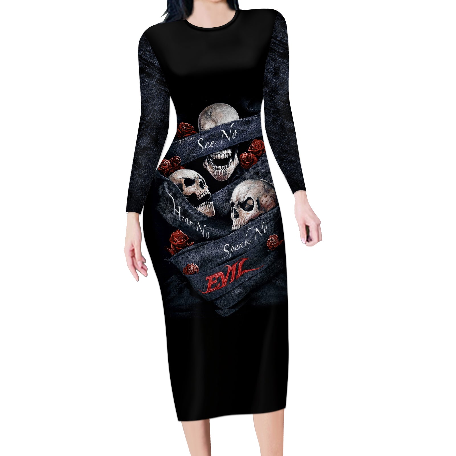 Skull Long Sleeve Bodycon Dress No See Evil Red Rose Jean - Wonder Print Shop