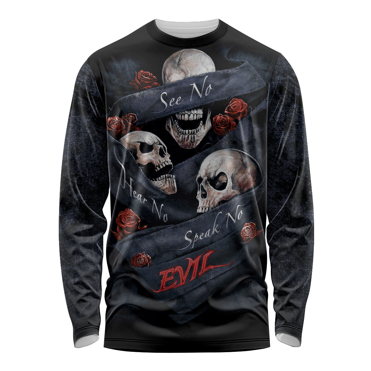 Skull Long Sleeve Shirt No See Evil Red Rose Jean - Wonder Print Shop
