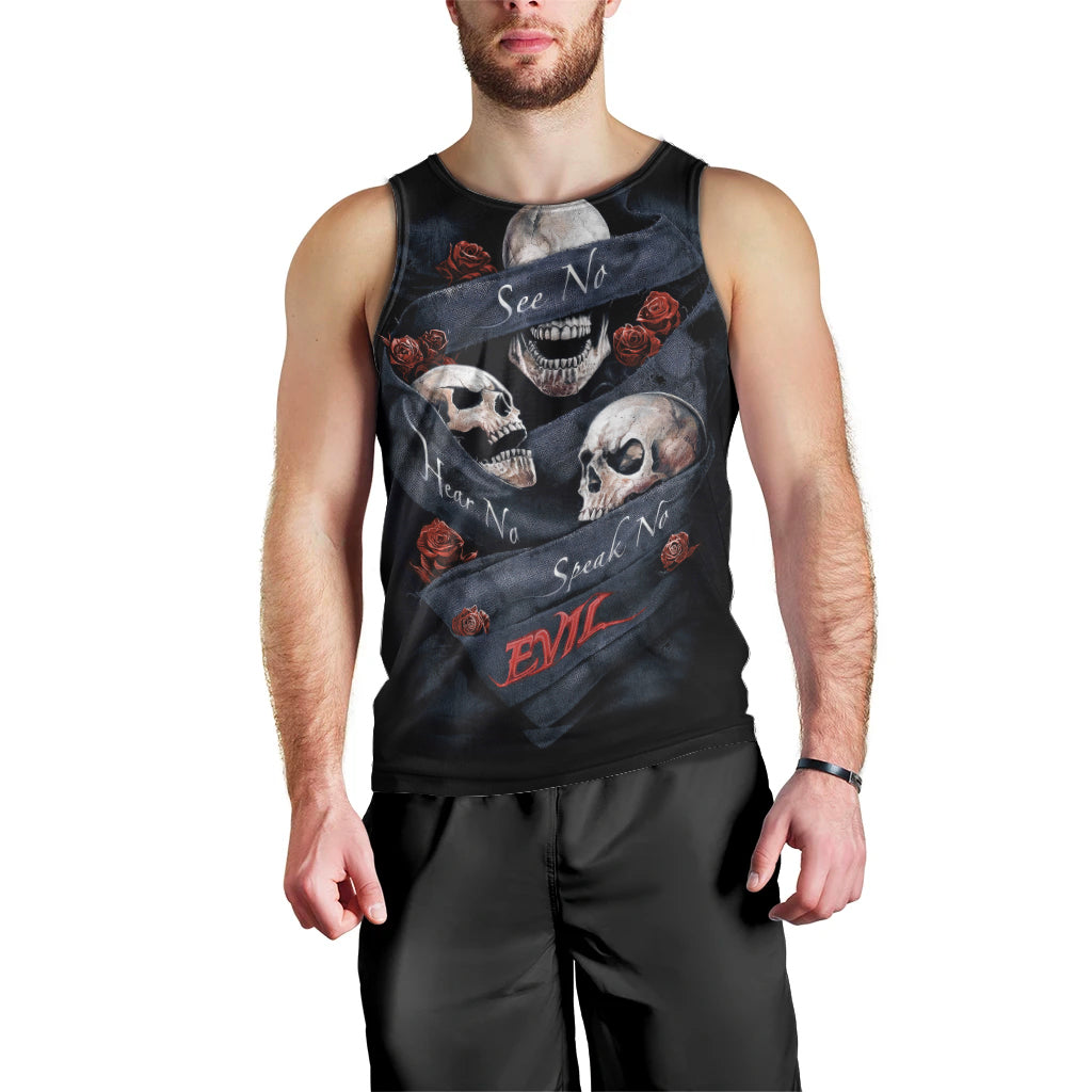 Skull Men Tank Top No See Evil Red Rose Jean DT01