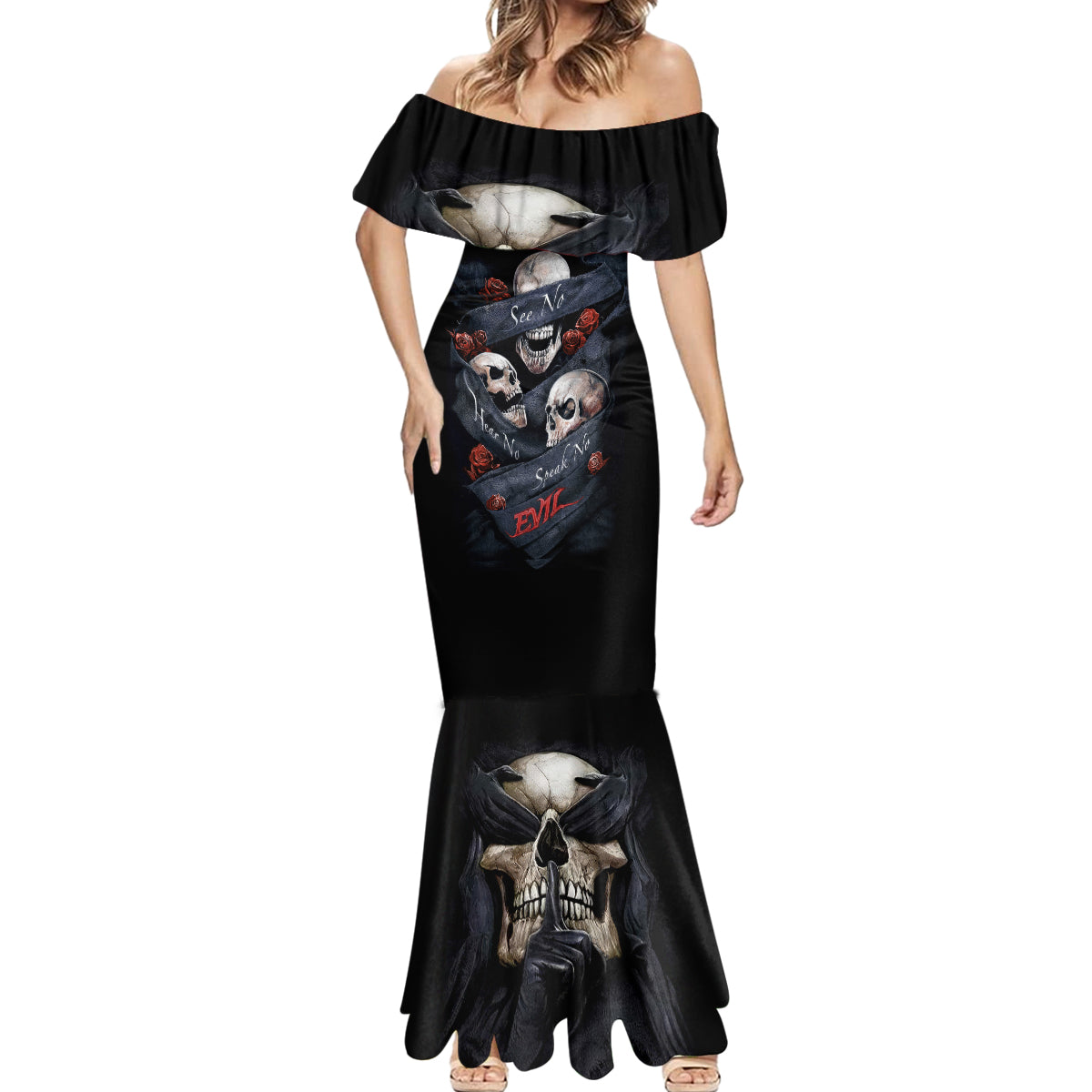 Skull Mermaid Dress No See Evil Red Rose Jean - Wonder Print Shop