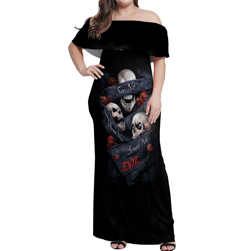 Skull Off Shoulder Maxi Dress No See Evil Red Rose Jean - Wonder Print Shop