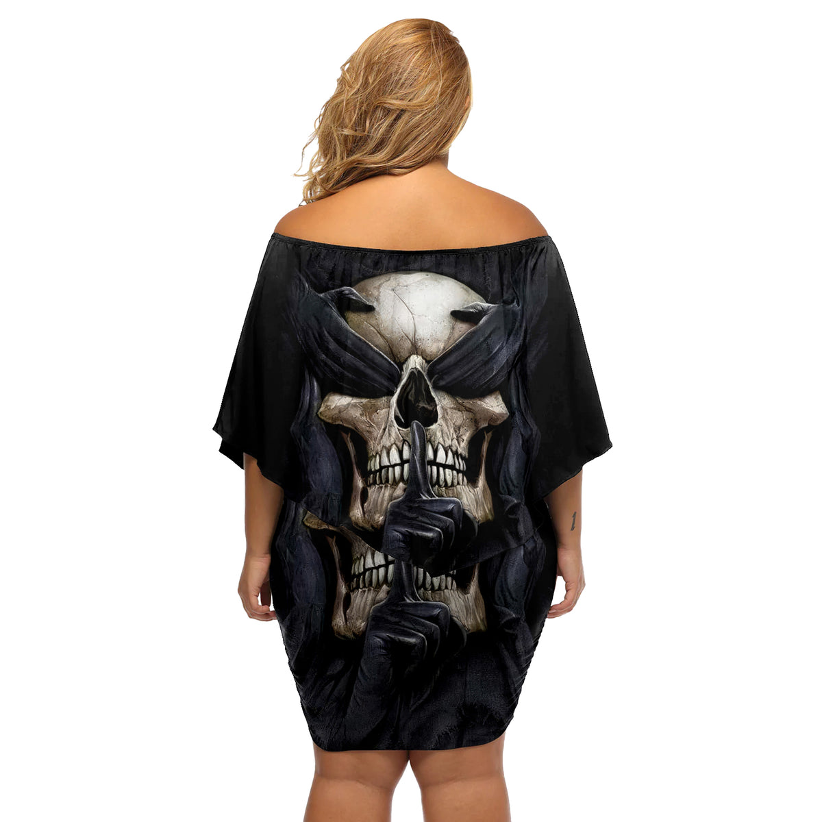 Skull Off Shoulder Short Dress No See Evil Red Rose Jean - Wonder Print Shop
