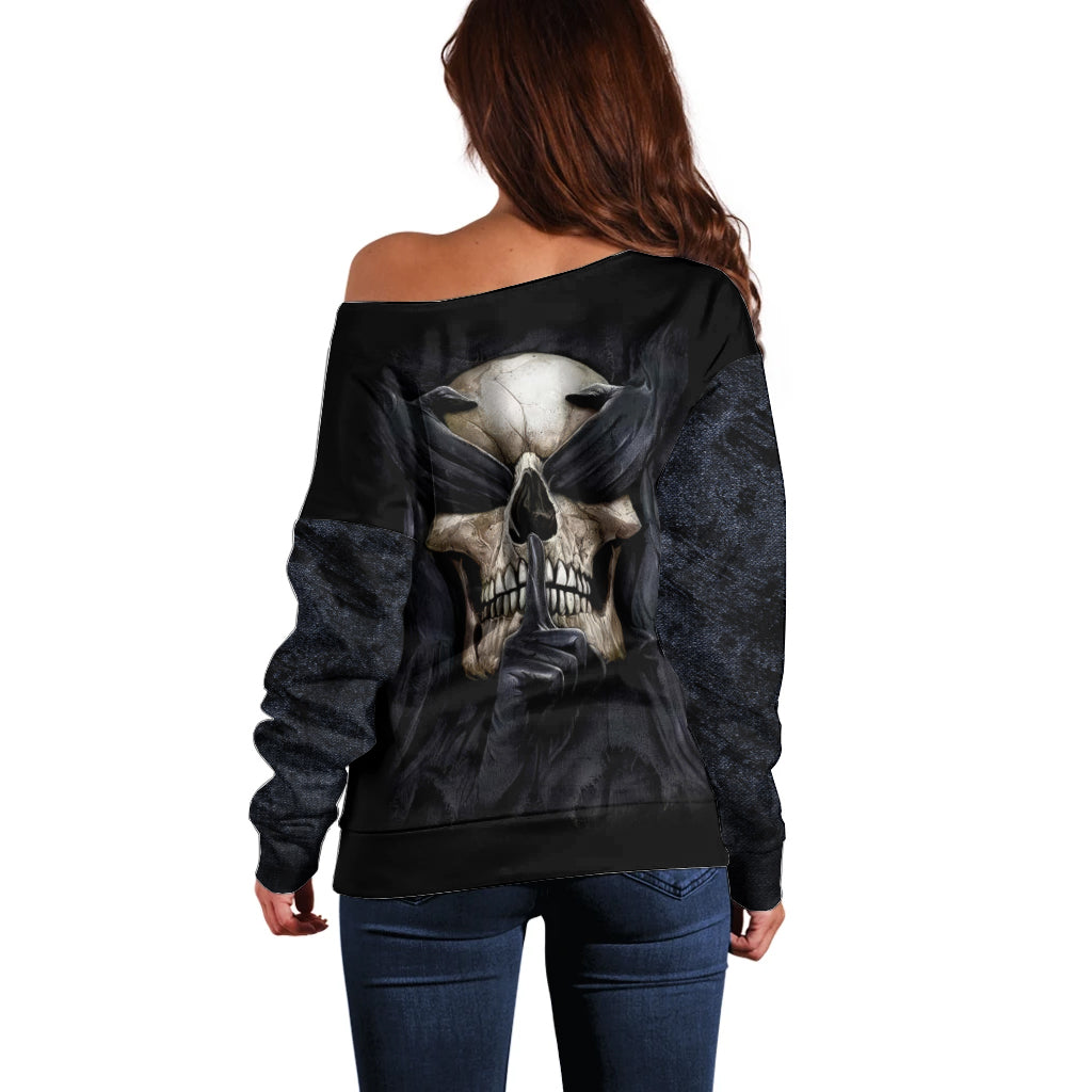 Skull Off Shoulder Sweater No See Evil Red Rose Jean - Wonder Print Shop