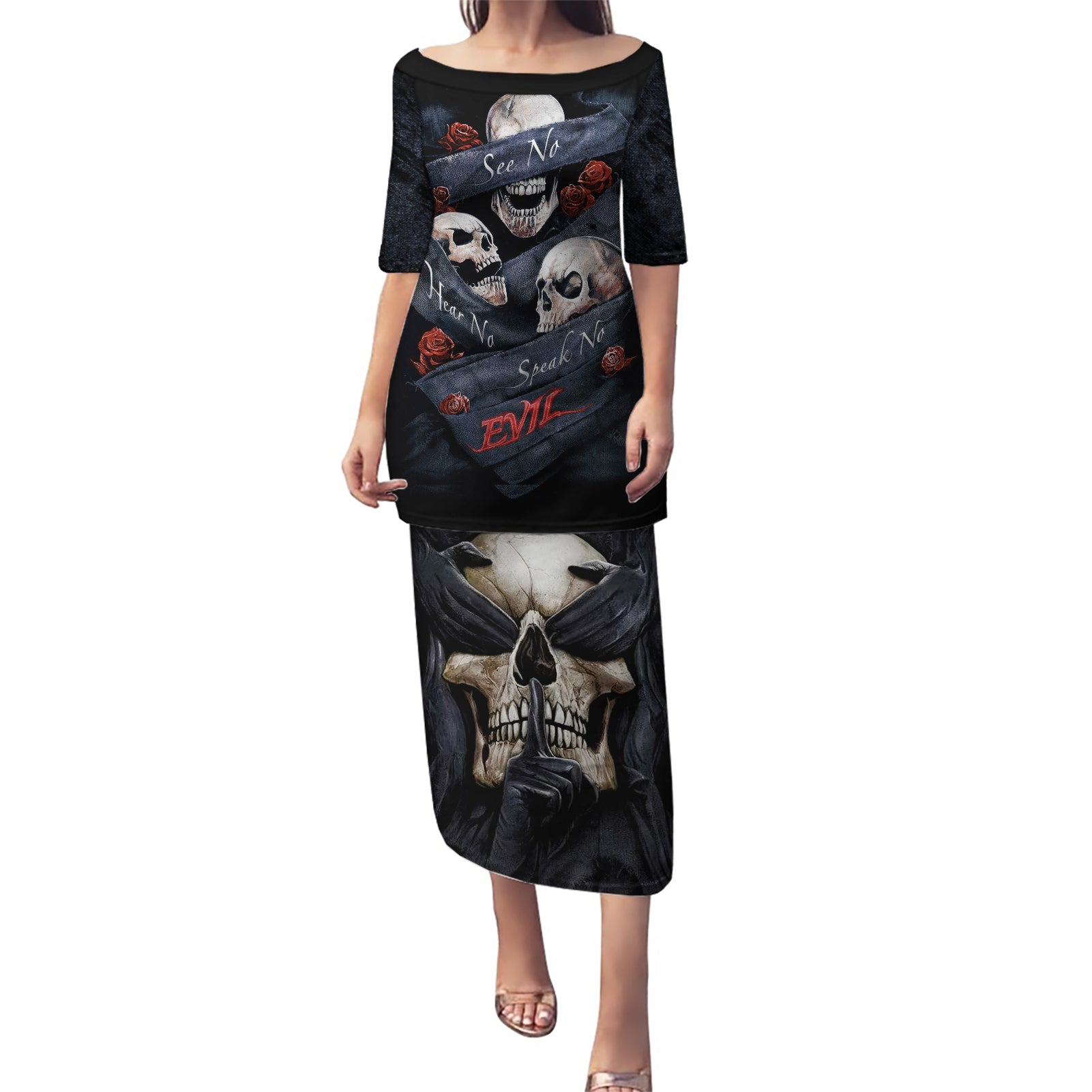 Skull Puletasi No See Evil Red Rose Jean - Wonder Print Shop