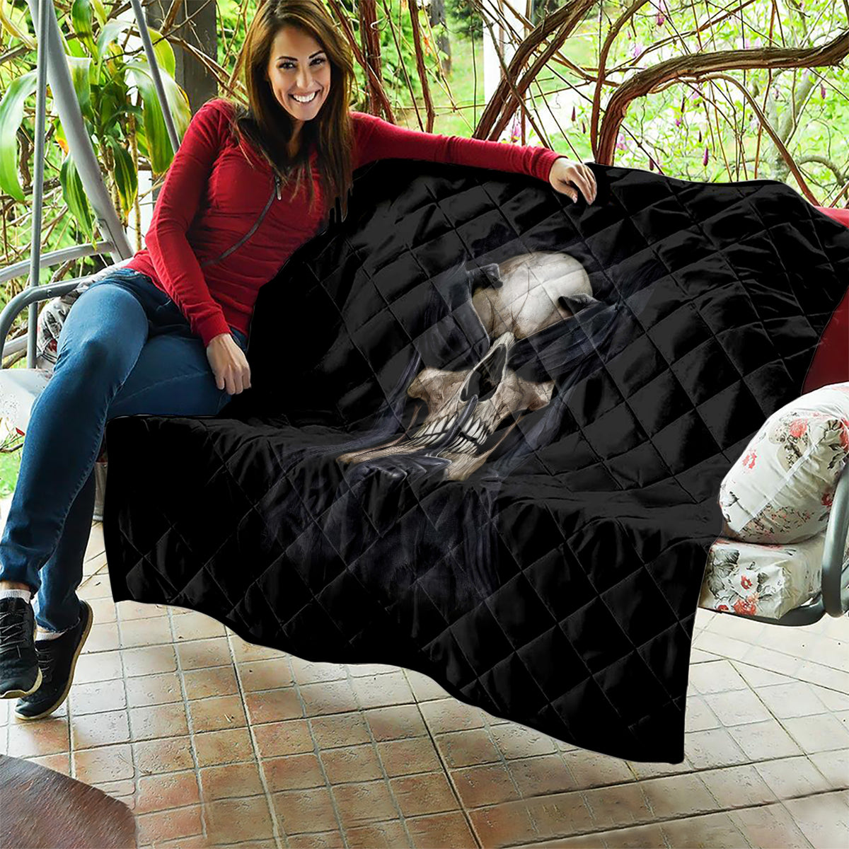 Skull Quilt No See Evil Red Rose Jean - Wonder Print Shop