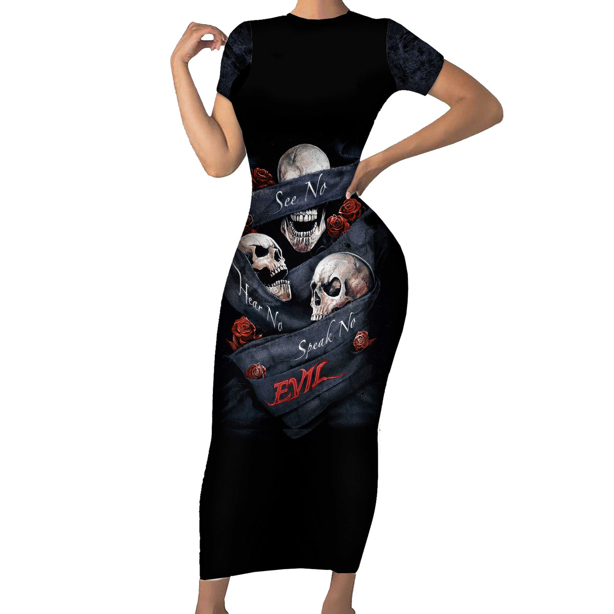 Skull Short Sleeve Bodycon Dress No See Evil Red Rose Jean - Wonder Print Shop