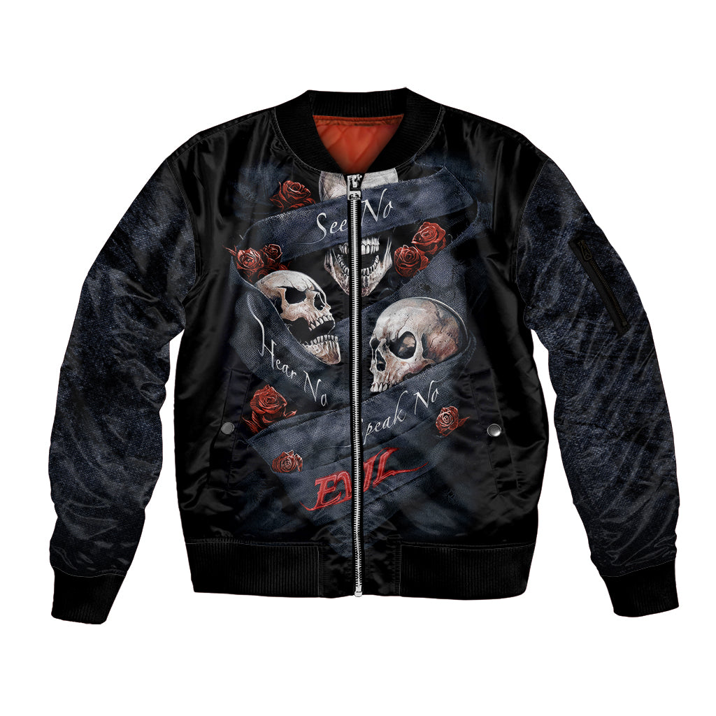 Skull Sleeve Zip Bomber Jacket No See Evil Red Rose Jean - Wonder Print Shop