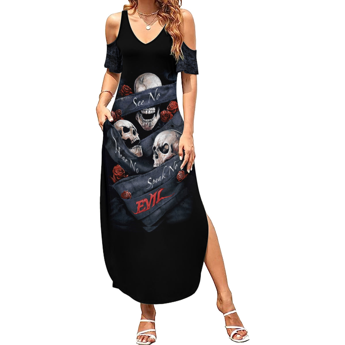 Skull Summer Maxi Dress No See Evil Red Rose Jean - Wonder Print Shop