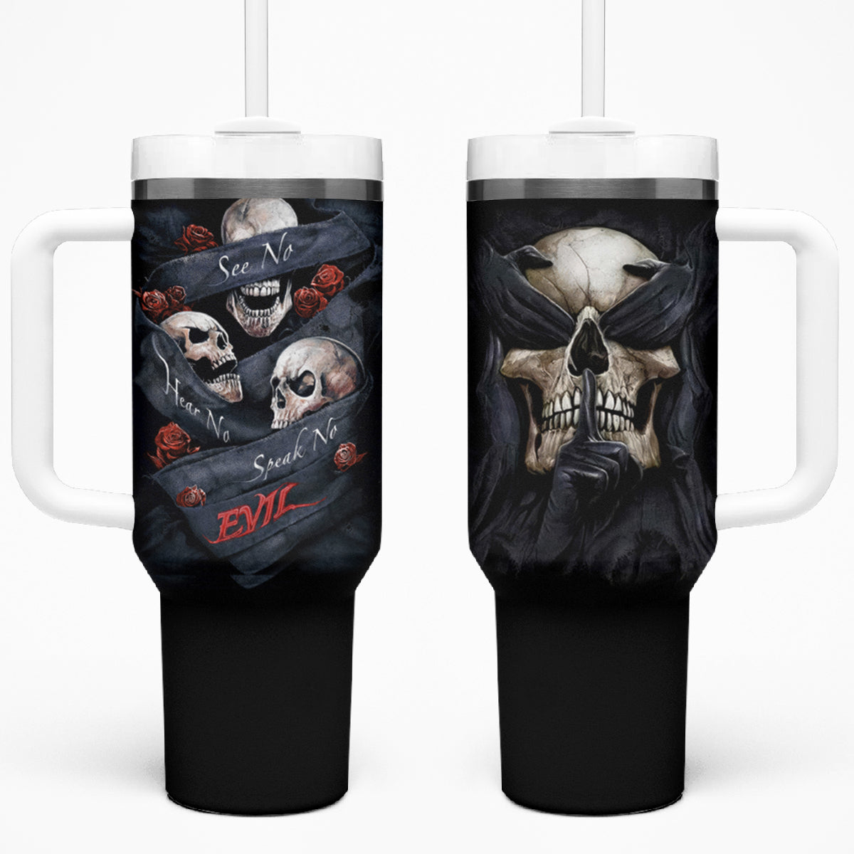 Skull Tumbler With Handle No See Evil Red Rose Jean - Wonder Print Shop