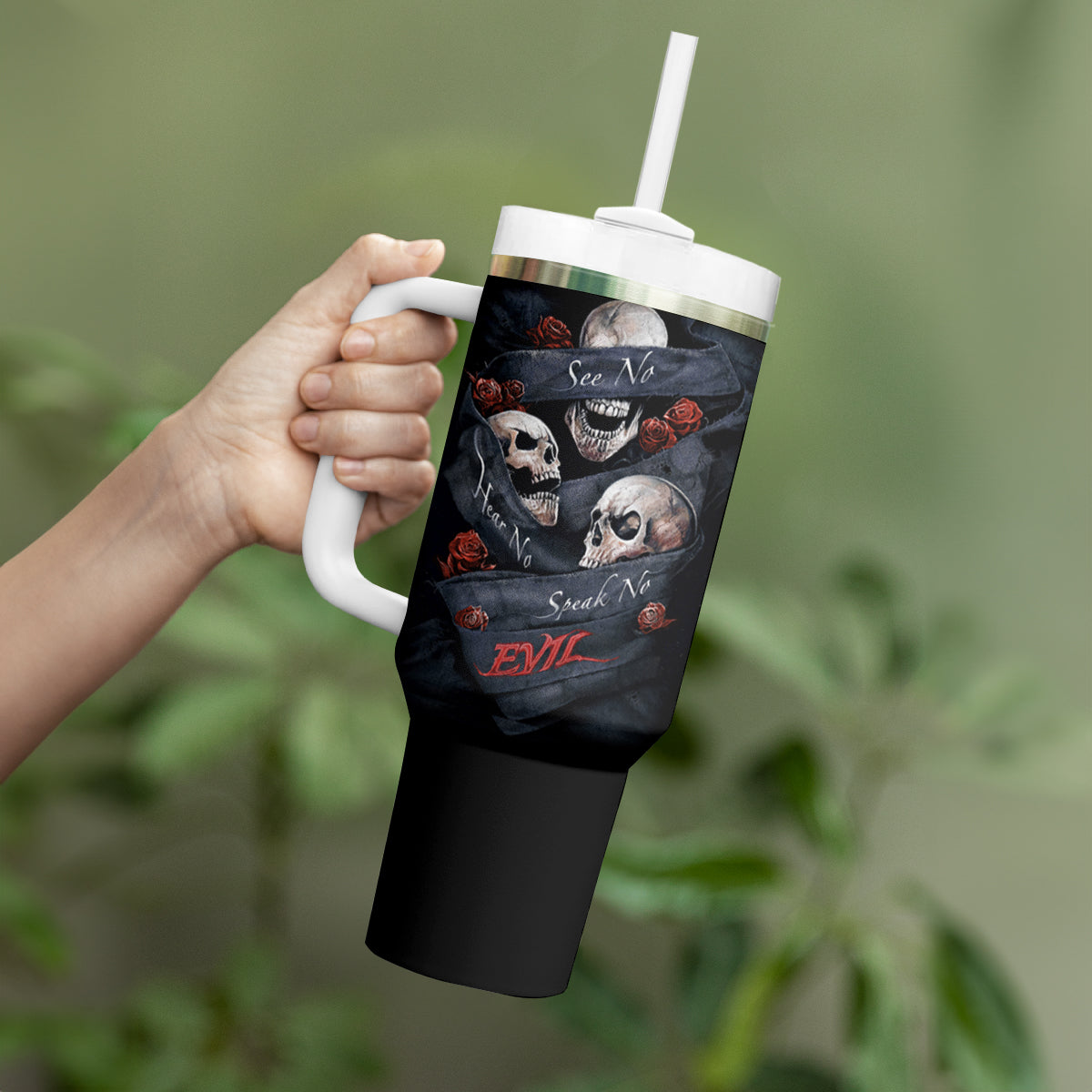 Skull Tumbler With Handle No See Evil Red Rose Jean - Wonder Print Shop