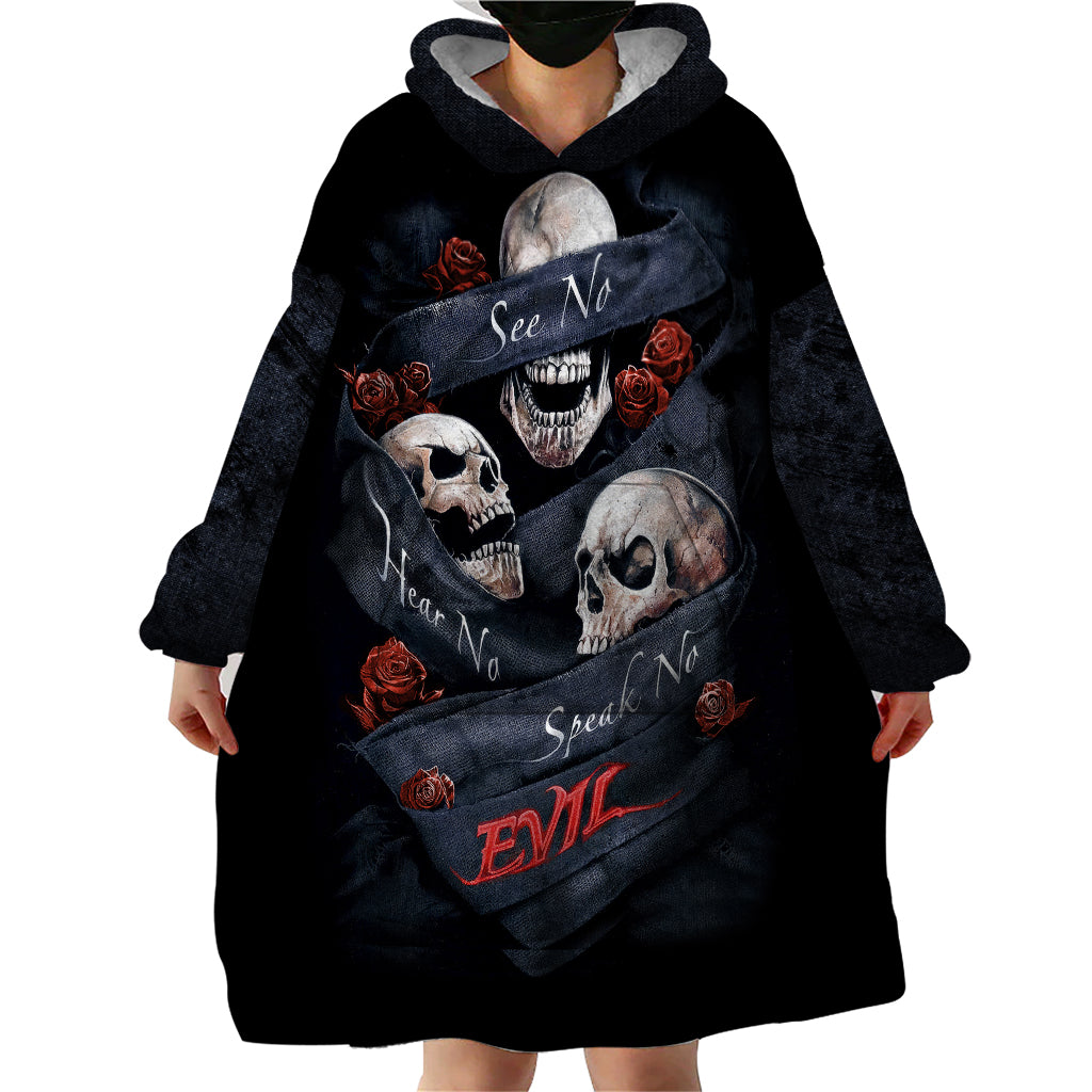 Skull Wearable Blanket Hoodie No See Evil Red Rose Jean - Wonder Print Shop