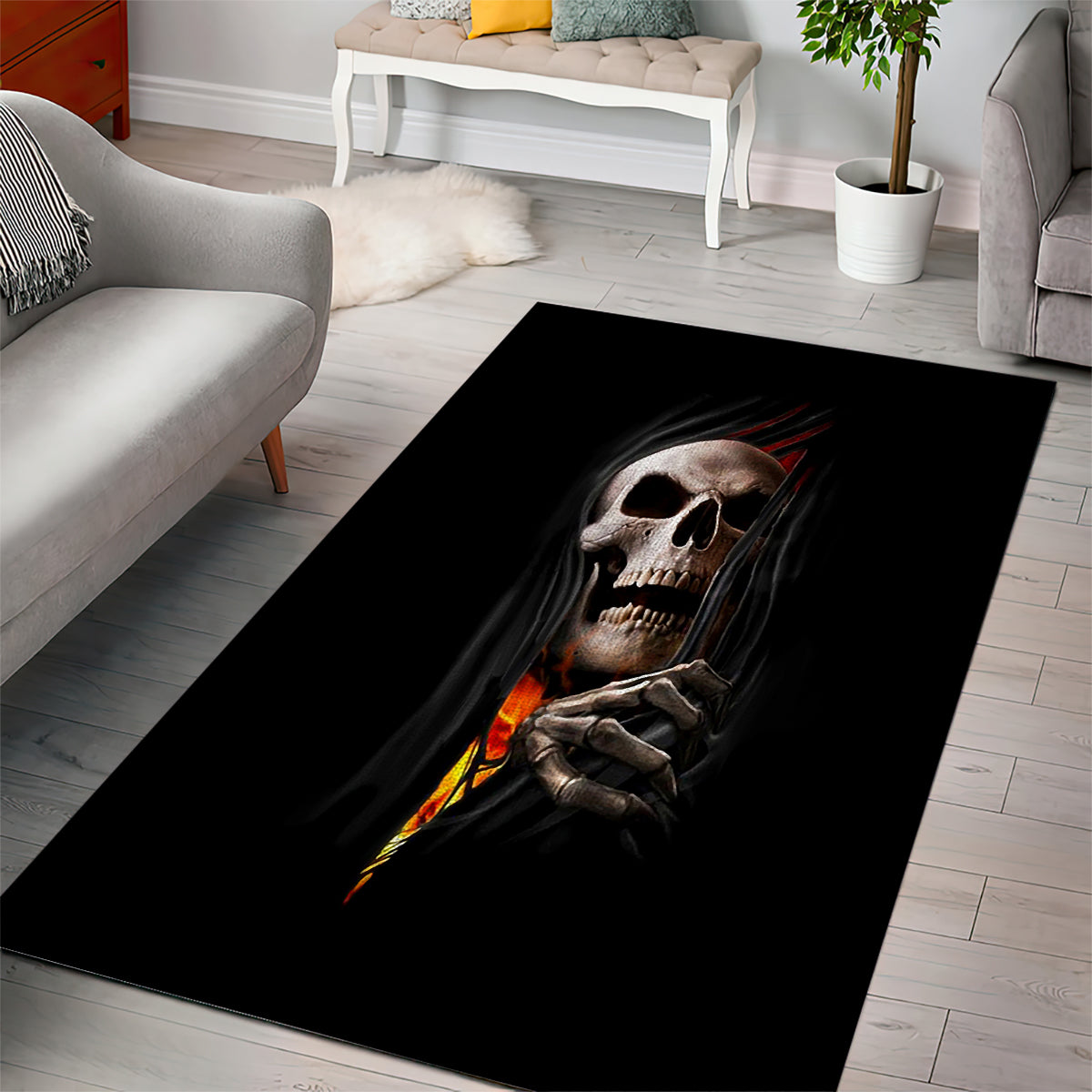 Skull Area Rug Skeleton Ripped Inside Flame - Wonder Print Shop