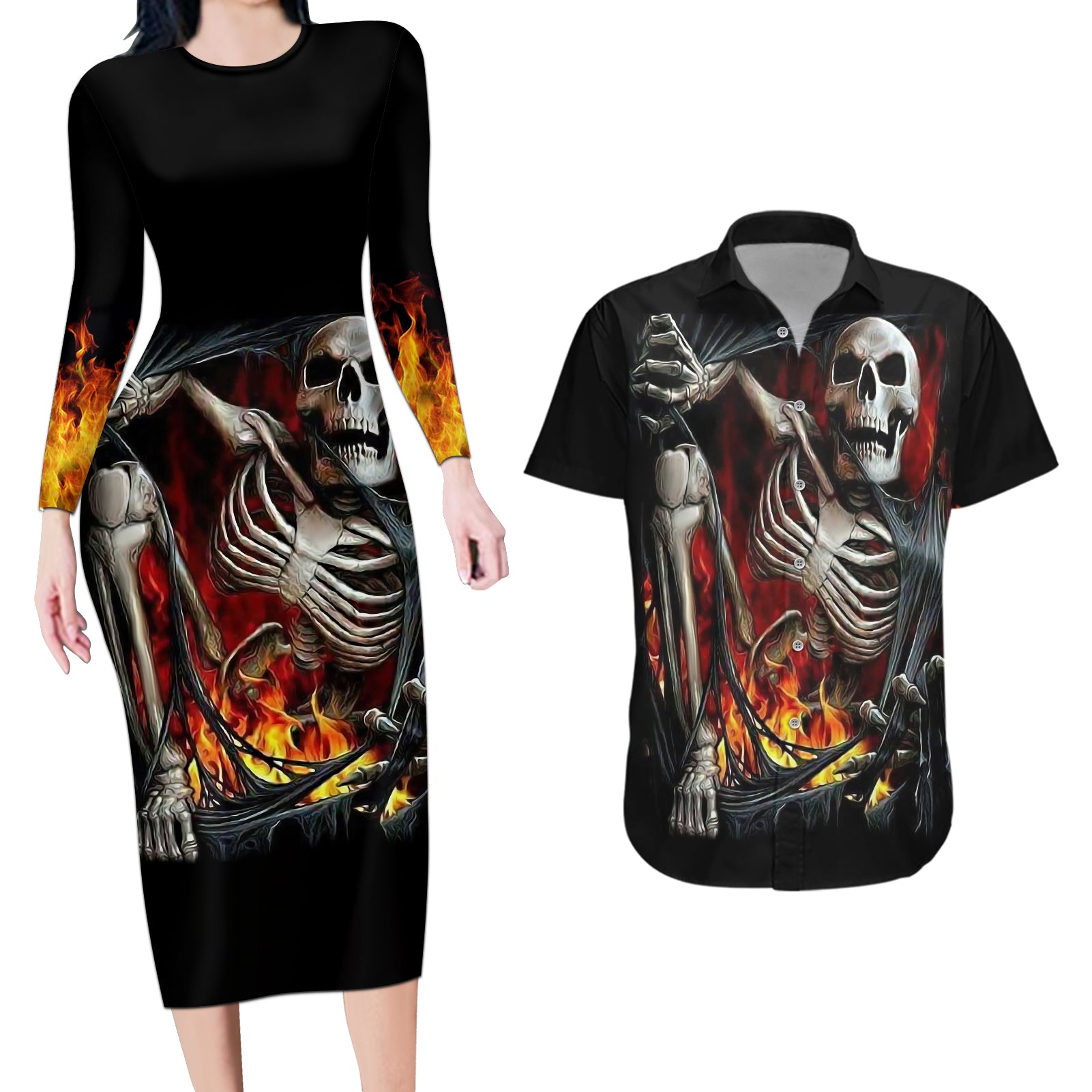 Skull Couples Matching Long Sleeve Bodycon Dress and Hawaiian Shirt Skeleton Ripped Inside Flame - Wonder Print Shop