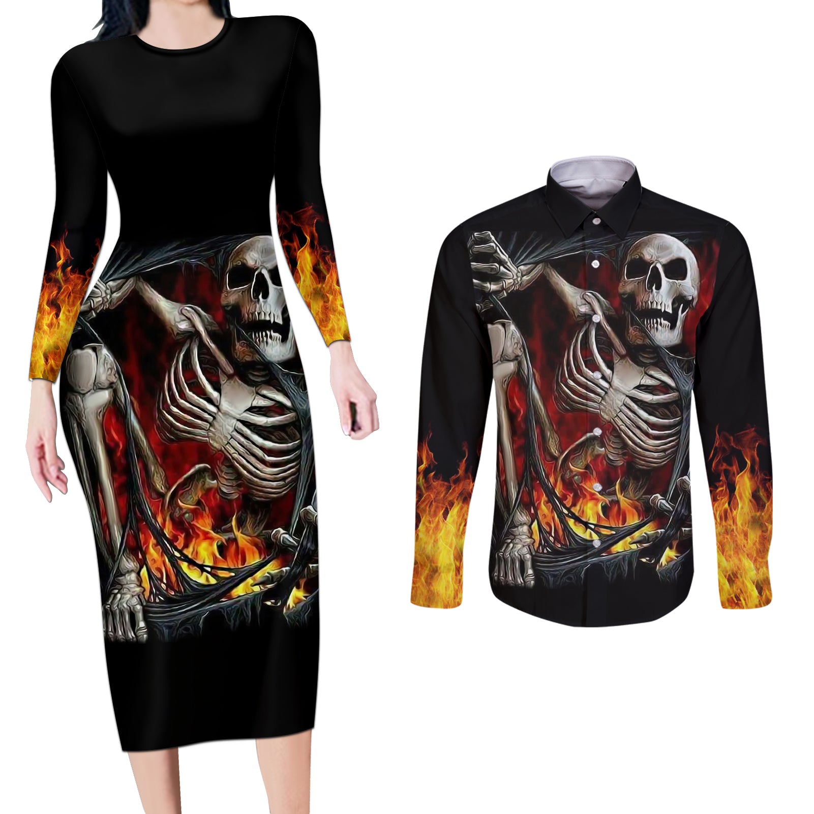Skull Couples Matching Long Sleeve Bodycon Dress and Long Sleeve Button Shirts Skeleton Ripped Inside Flame - Wonder Print Shop