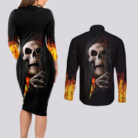 Skull Couples Matching Long Sleeve Bodycon Dress and Long Sleeve Button Shirts Skeleton Ripped Inside Flame - Wonder Print Shop