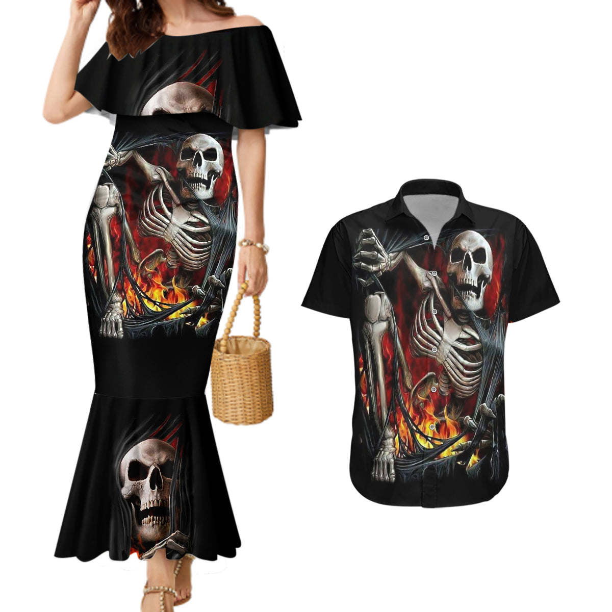 Skull Couples Matching Mermaid Dress And Hawaiian Shirt Skeleton Ripped Inside Flame - Wonder Print Shop