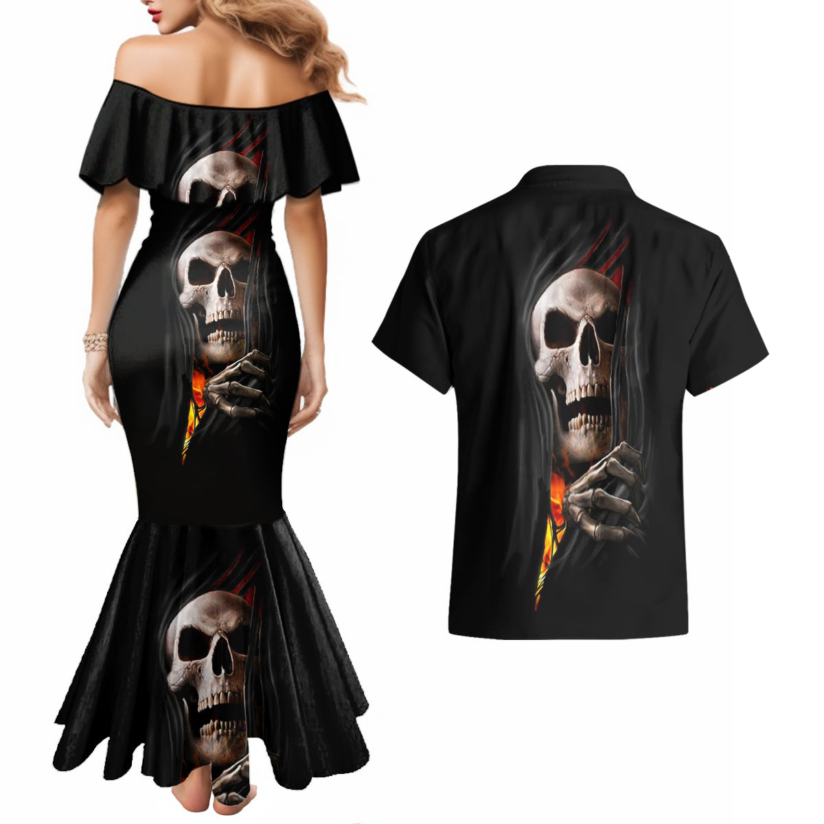 Skull Couples Matching Mermaid Dress And Hawaiian Shirt Skeleton Ripped Inside Flame - Wonder Print Shop