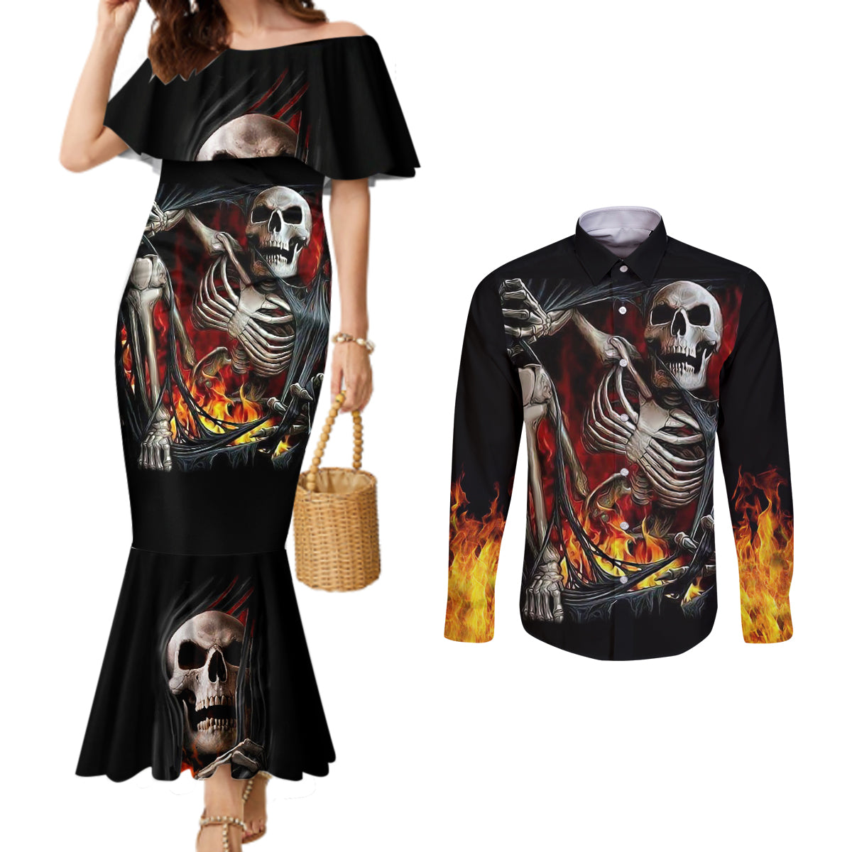 Skull Couples Matching Mermaid Dress and Long Sleeve Button Shirts Skeleton Ripped Inside Flame DT01