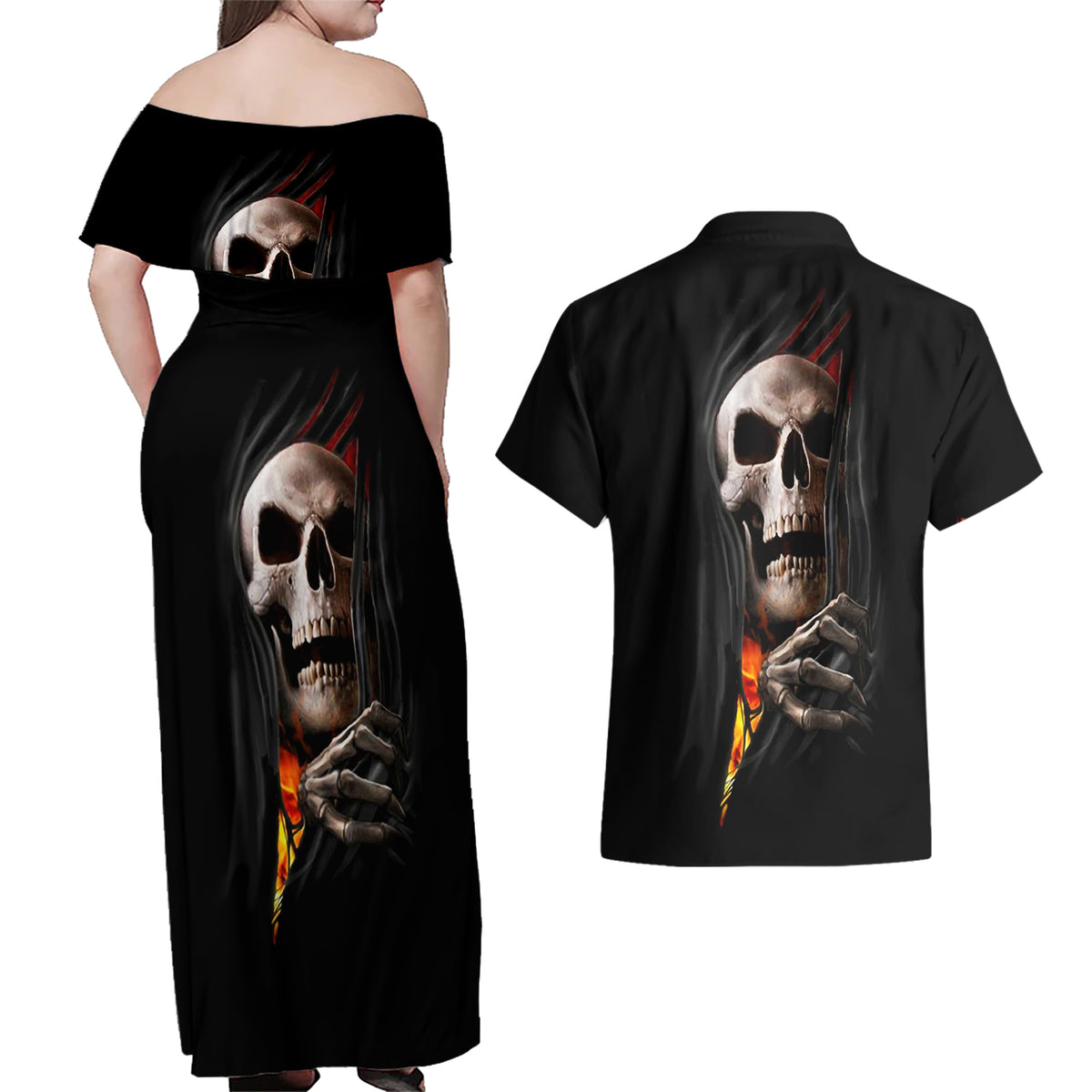 Skull Couples Matching Off Shoulder Maxi Dress and Hawaiian Shirt Skeleton Ripped Inside Flame - Wonder Print Shop
