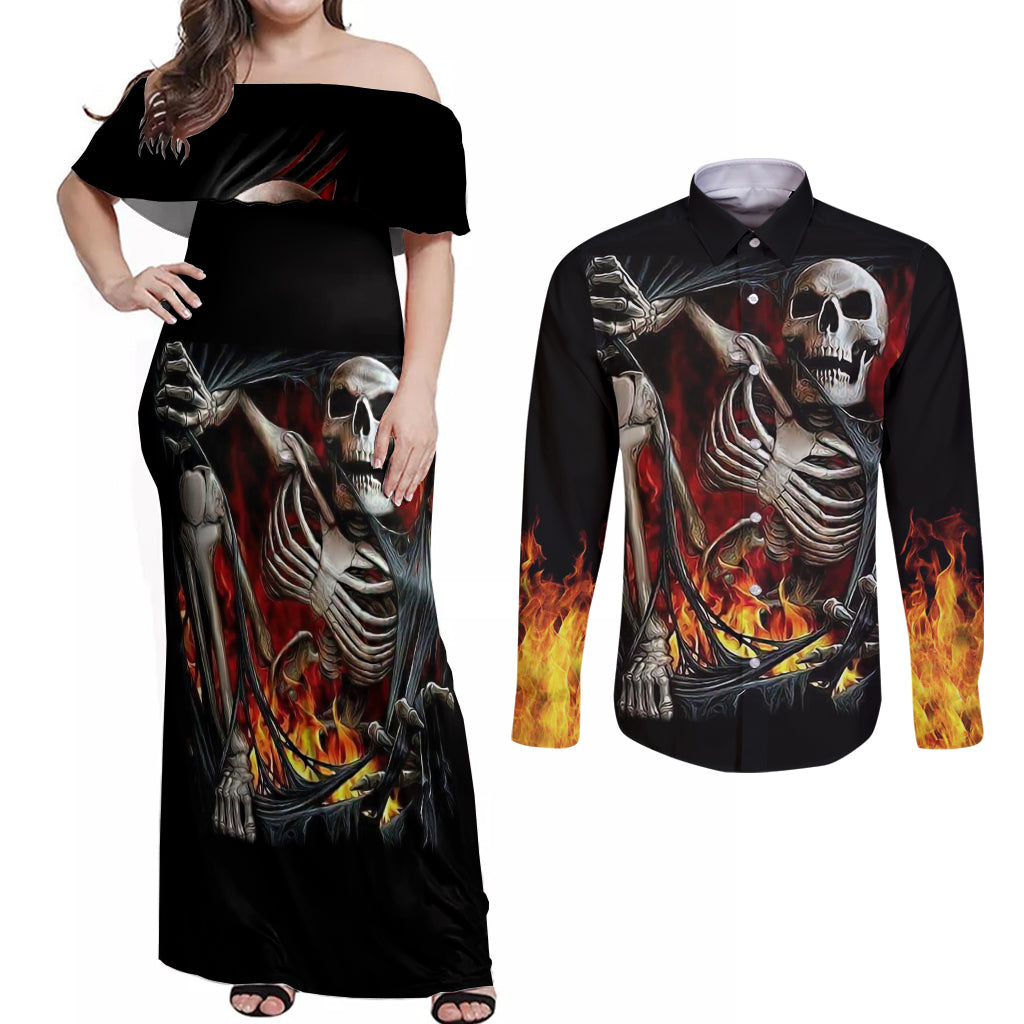 Skull Couples Matching Off Shoulder Maxi Dress and Long Sleeve Button Shirts Skeleton Ripped Inside Flame - Wonder Print Shop