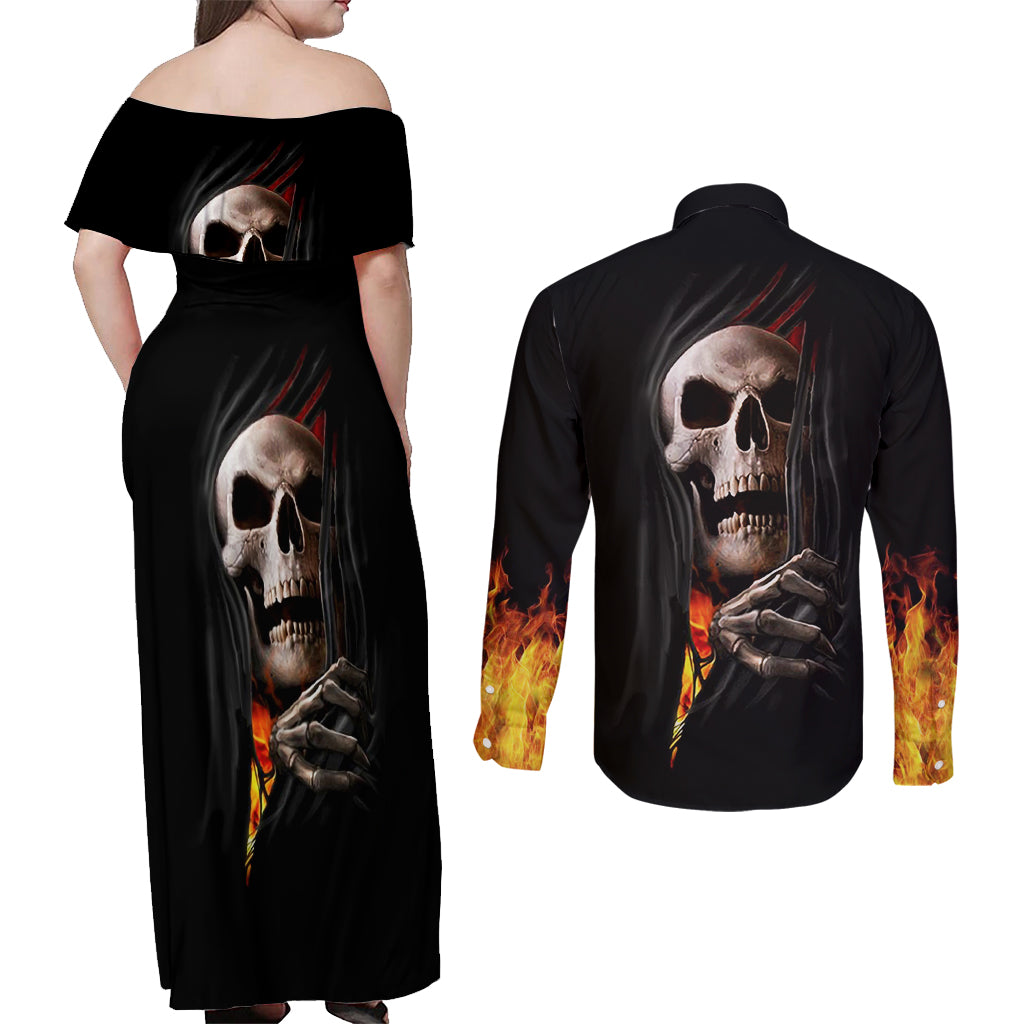 Skull Couples Matching Off Shoulder Maxi Dress and Long Sleeve Button Shirts Skeleton Ripped Inside Flame - Wonder Print Shop