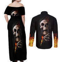 Skull Couples Matching Off Shoulder Maxi Dress and Long Sleeve Button Shirts Skeleton Ripped Inside Flame - Wonder Print Shop