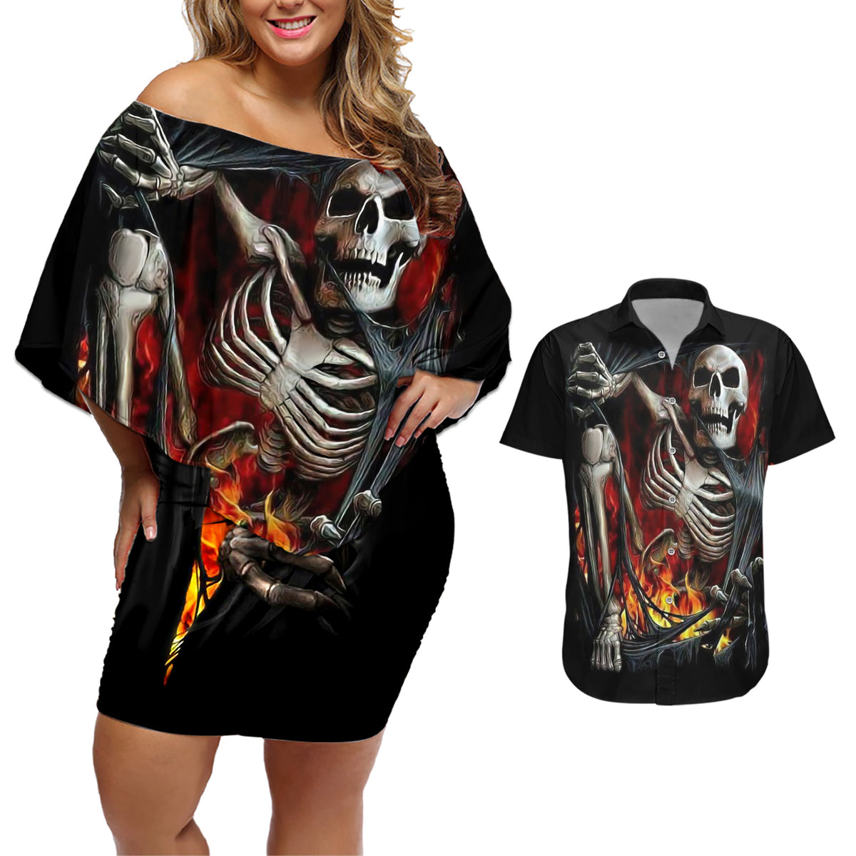 Skull Couples Matching Off Shoulder Short Dress and Hawaiian Shirt Skeleton Ripped Inside Flame - Wonder Print Shop