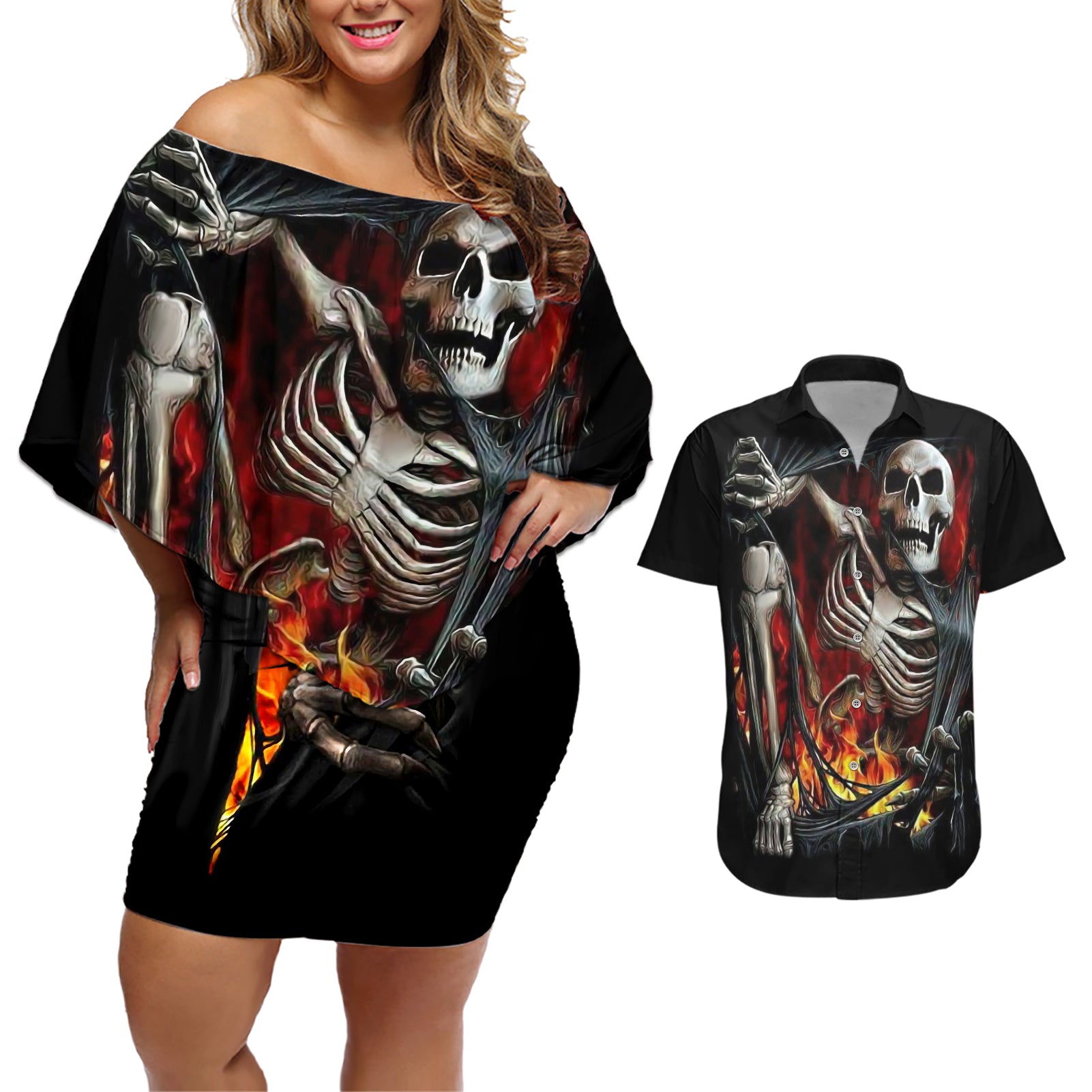 Skull Couples Matching Off Shoulder Short Dress and Hawaiian Shirt Skeleton Ripped Inside Flame - Wonder Print Shop