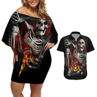 Skull Couples Matching Off Shoulder Short Dress and Hawaiian Shirt Skeleton Ripped Inside Flame - Wonder Print Shop