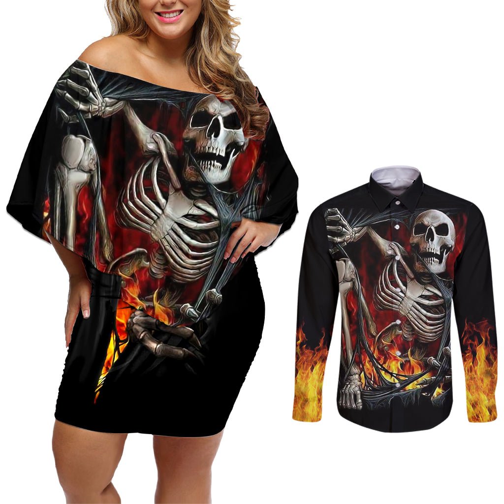 Skull Couples Matching Off Shoulder Short Dress and Long Sleeve Button Shirts Skeleton Ripped Inside Flame - Wonder Print Shop