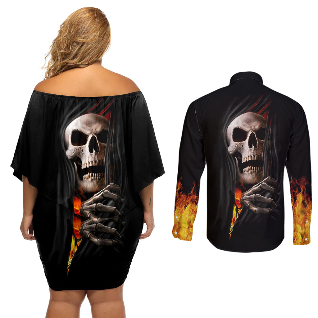 Skull Couples Matching Off Shoulder Short Dress and Long Sleeve Button Shirts Skeleton Ripped Inside Flame - Wonder Print Shop