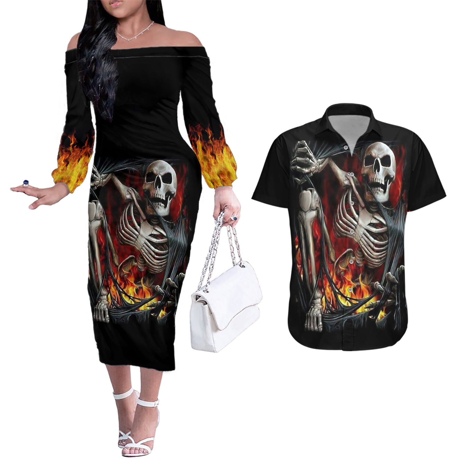 Skull Couples Matching Off The Shoulder Long Sleeve Dress and Hawaiian Shirt Skeleton Ripped Inside Flame - Wonder Print Shop